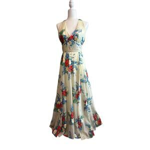 Vintage 70s Arjon California Prairie Boho Halter Maxi Dress Pastel Yellow 13